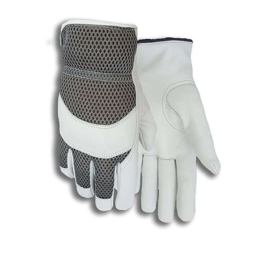 STAG 214 USA-Made Heavy-Duty Grain Goatskin Leather Work Safety Gloves for Construction Workers, Abrasion-Proof, Breathable Mesh, Soft and Supple, Shirred Elastic, Snug Fit, Keystone Thumb, Flexible Grip, Elastic Grey Back, 1 Pair