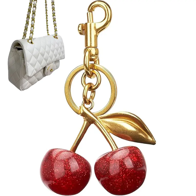 Buy 1 Get 1 Free Aesthetic Sparkle Cherry Fruit Keychain - Shiny Red Pendant with Green Leaf, Gold Clasp Key Ring, Cute Bag Decoration for Women, No Excess Bulk Small Stylish Gift Keychain Stylish Keychain Cute Keychains