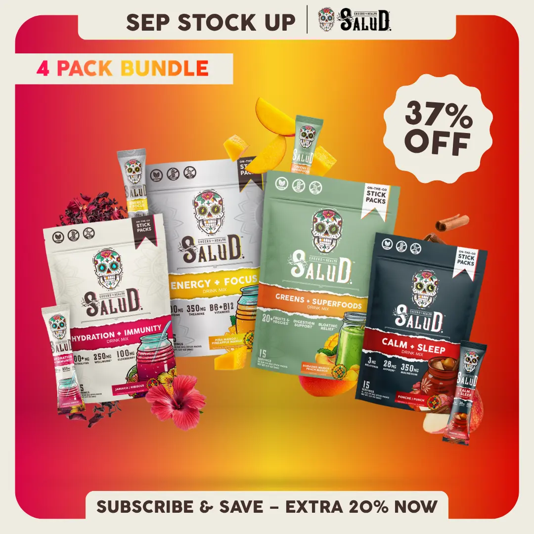 Salud 2-in-1 [All-In-One Bundle] Agua Fresca Drink Mix, Energy + Focus, Hydration + Immunity, Greens + Superfoods & Calm + Sleep, Organic Caffeine, Electrolytes, Probiotics, Melatonin, Non-GMO, Vegan (4-Pack, 60 Servings)
