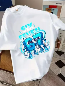Fashion Boys Versatile Short Sleeve,#67 Six Seven  Creative Lightning Bolt Number Pattern Design, Casual Outdoor Wear, Cool Boy Fashion T-Shirt