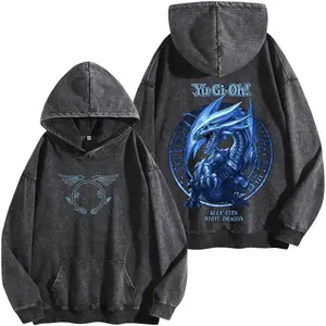 Blue-Eyes White Dragon Washed Hoodie, Yu-Gi-Oh Anime Graphic Tee, Heavy Cotton Streetwear Shirt, Oversized Gamer Fan Apparel