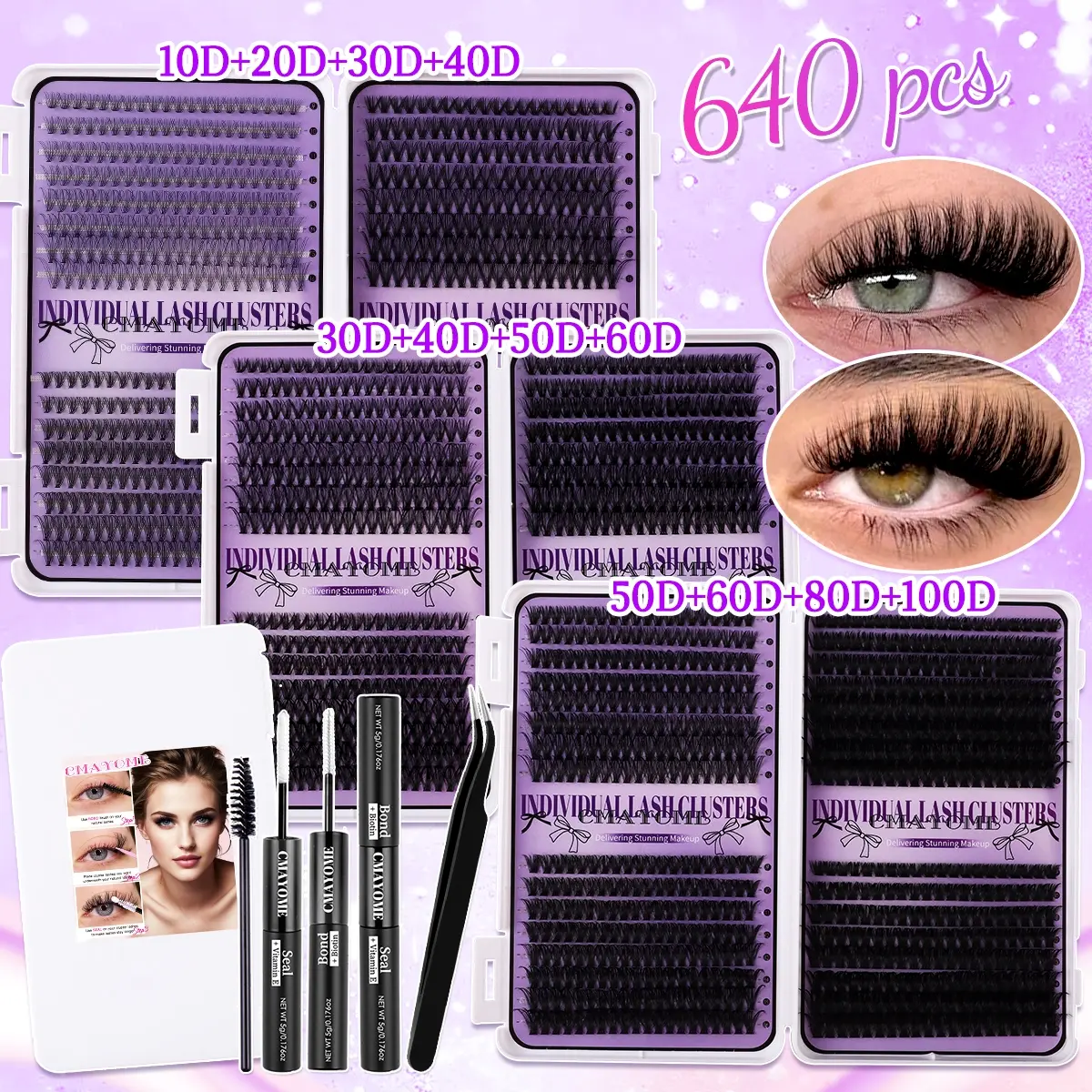 640-Piece 9-16mm DIY Eyelash Extension Set. Fluffy False Eyelashes, Fluffy Natural, Ultra-Soft Faux-Fur Texture. Tapered Tips, Cat-Eye Effect. 10D-100D Mixed Density. With Glue & Tweezers. For Daily/Outdoor/Dates/Festivals. Eye-Enlarging & Charm-Boosting.
