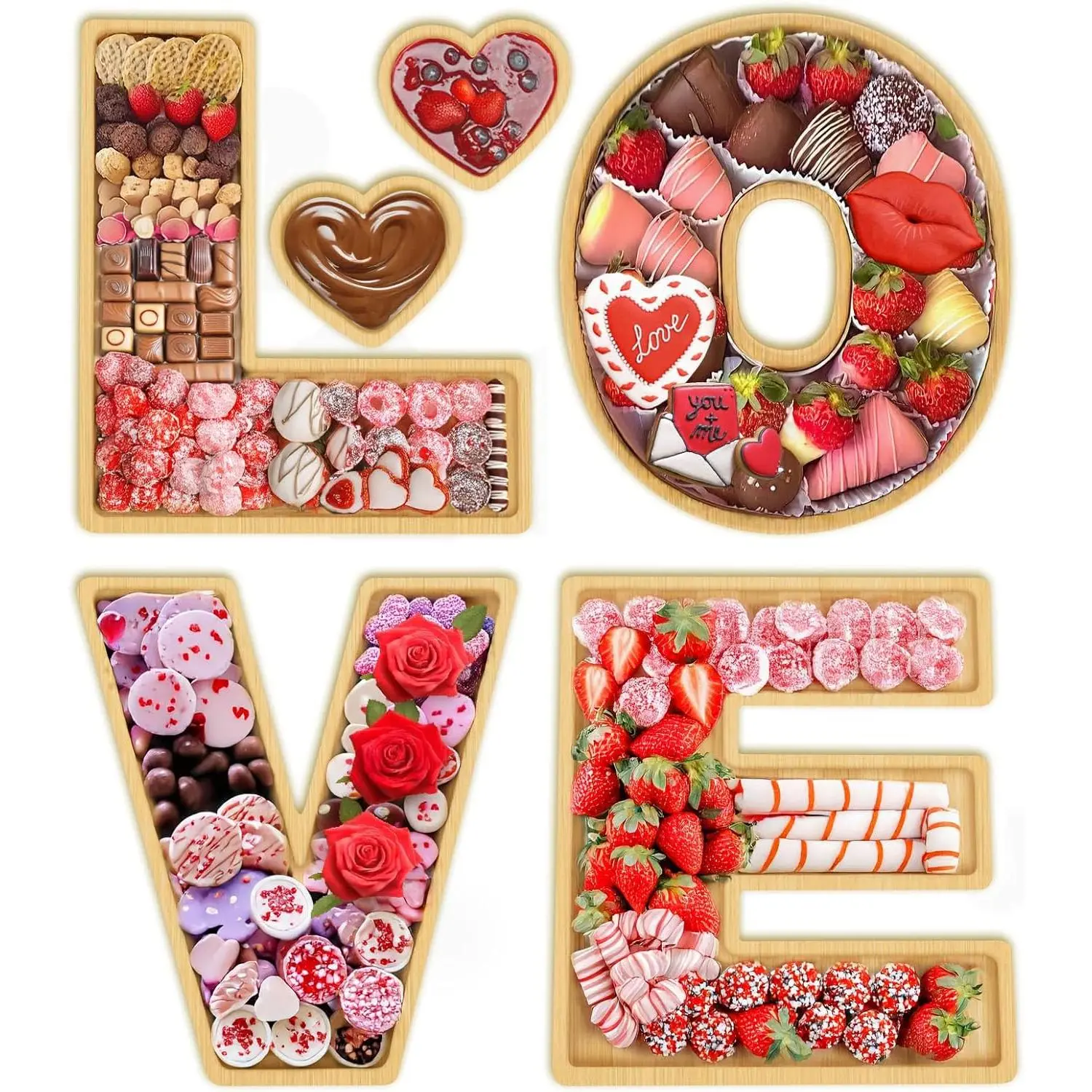 6-Piece Bamboo LOVE Charcuterie Board Letters Serving Set with Dipping Saucers, Wooden Food Trays for Cheese Fruit Platters, Festive Decor for Valentine's Day Weddings, Birthday