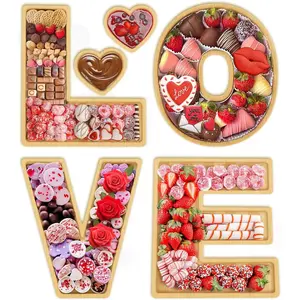 6 Pcs LOVE Charcuterie Board Letters with Dipping Saucers, Wooden Food Trays for Cheese Fruit Vegetable Platters, Bamboo Plates for Valentine's Day Wedding Anniversary Family Party Decorations