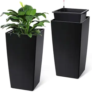 30" Tall Planter Set of 2,Heavy Duty Tall Planter,High Front Porch Planter Pots with Drainage Holes and Water Level Monitor and Inner Bucket, Automatic Watering,Indoor/Outdoor Grande Plant,Tree,Black