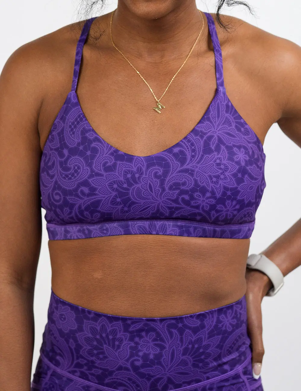 CVG Move Free Sports Bra - Purple Lace Floral Print, Wire Free, No Padding, for Upper Body Workout & Workout Wear