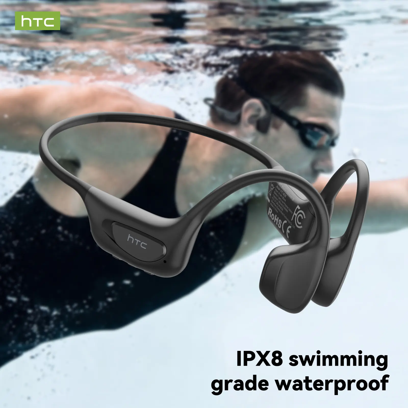 HTC NE86 Professional Bone Conduction Bluetooth Headphones for Swimming – IPX8 Waterproof, Bluetooth 5.3, 90-Hour Standby Time; Features Heart Rate & Blood Oxygen Monitoring and AI Smart Chat; Designed for Running, Sports, and Swimming.