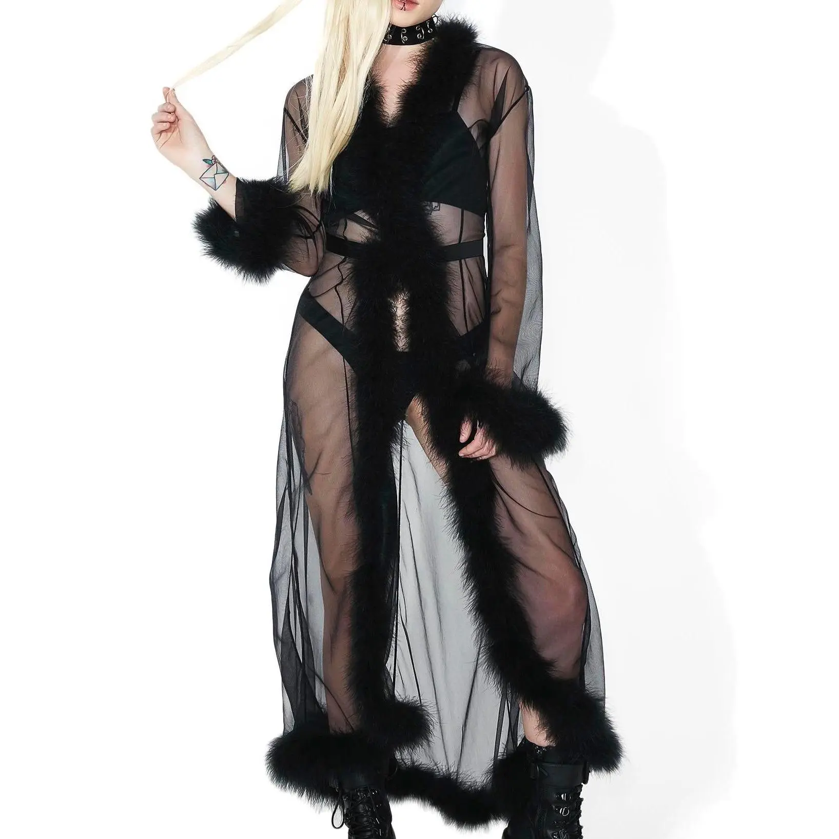 Long Marabou Robe Black