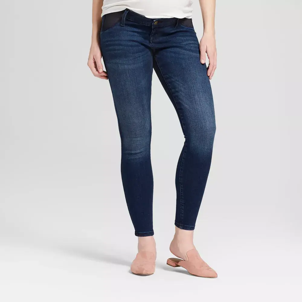 Maternity Clothing: Black Mid Rise Skinny Denim Jeans with Under Belly Panel, Power Stretch Cotton Blend, Ankle Length, Mid Rise Jeans