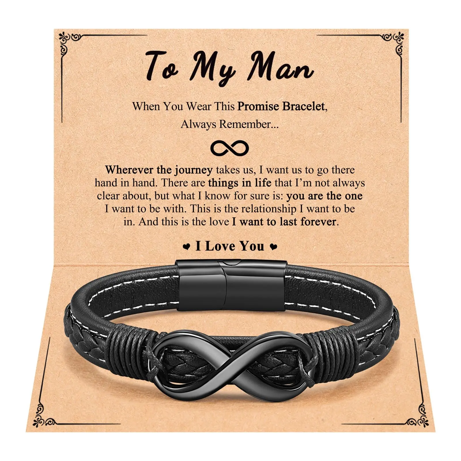 Men's Braided Genuine Leather Bracelet with Stainless Steel Infinity Clasp, Romantic "To My Man" Jewelry, Birthday Gifts for Him, Boyfriend, Husband, Bracelet Wristband, Infinity Symbol, Valentine