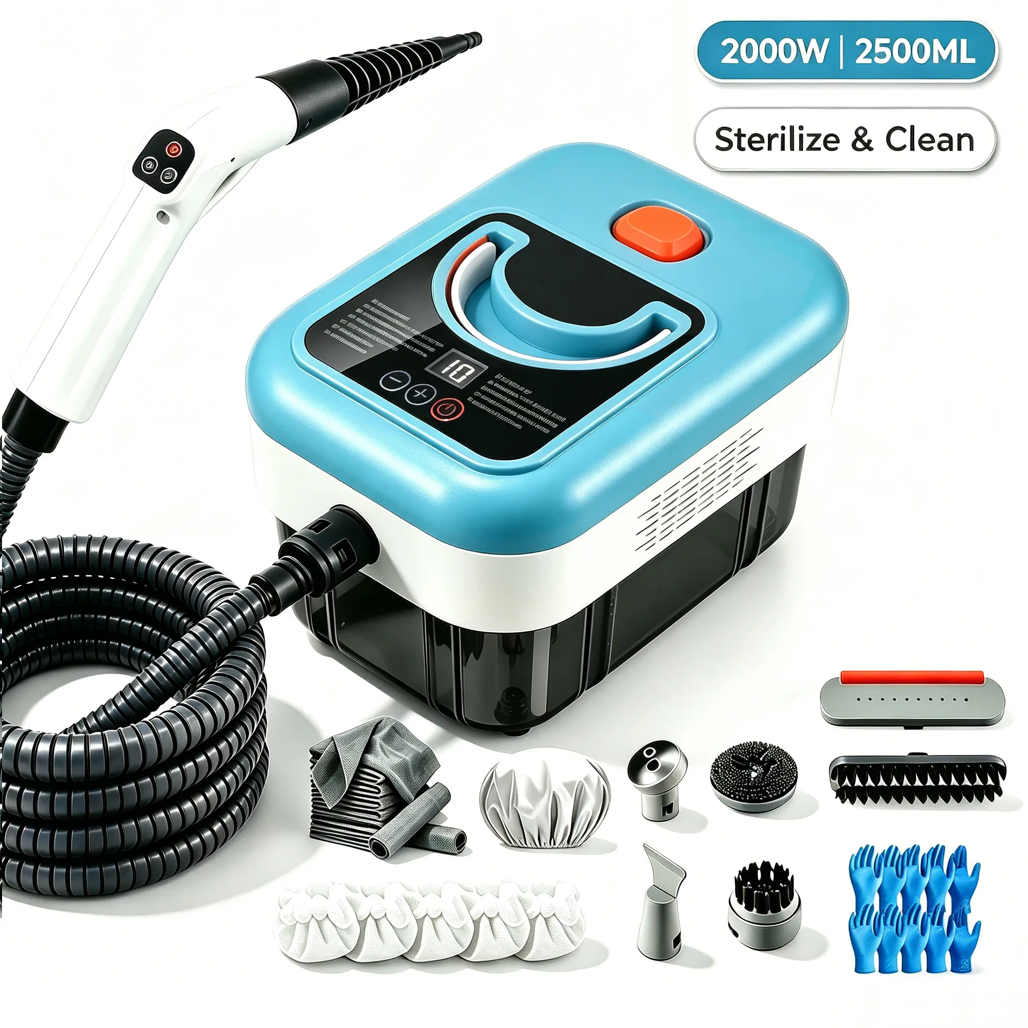 Portable Handheld Multi Surface Steam Cleaner Set (Cleaning Gadgets) - 2000W Model, 22-Piece Accessory Kit, 8-Level Adjustable, 15s Rapid Heat-Up, 59.06in Cord, Antibacterial, Gloves, Ideal for Home Care