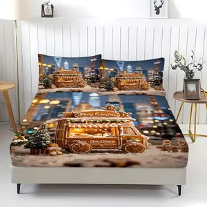 3-piece Christmas Gingerbread Man Patterned Bed Sheet with Comfortable Printed Pattern, Including 1 Bed Sheet and 2 Pillowcases, Comfortable Bedding, Non Slip Dust Cover Suitable for Bedrooms and Guest Rooms, Suitable for Children and Adults As Gifts