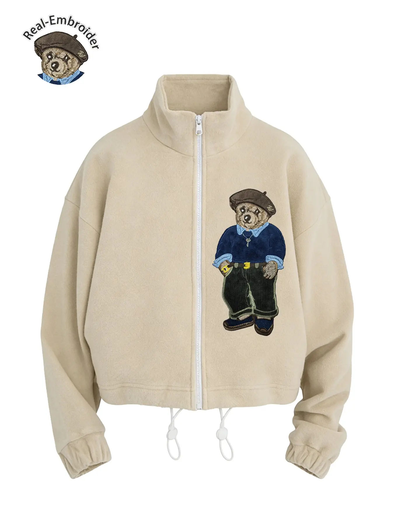 Vintage British Style Embroidered Bear Plush Jacket, Drawstring Stand Collar, Long Sleeve, Loose-Fitting, Spring & Fall Outerwear