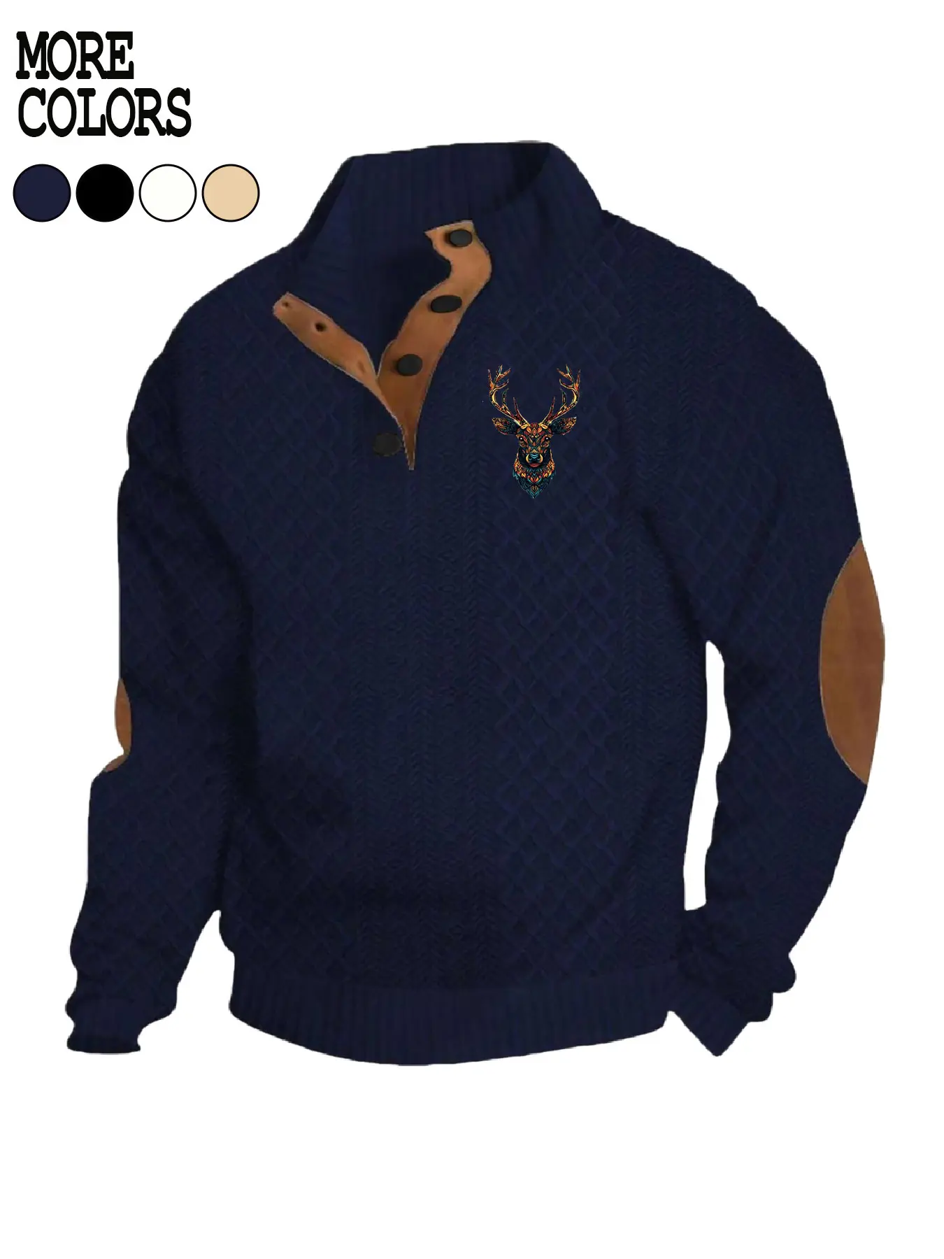 Men's Fall Winter Vintage Argyle Deer Head Print Stand Collar Knit Sweater, Fitted Comfortable Casual Business Wear