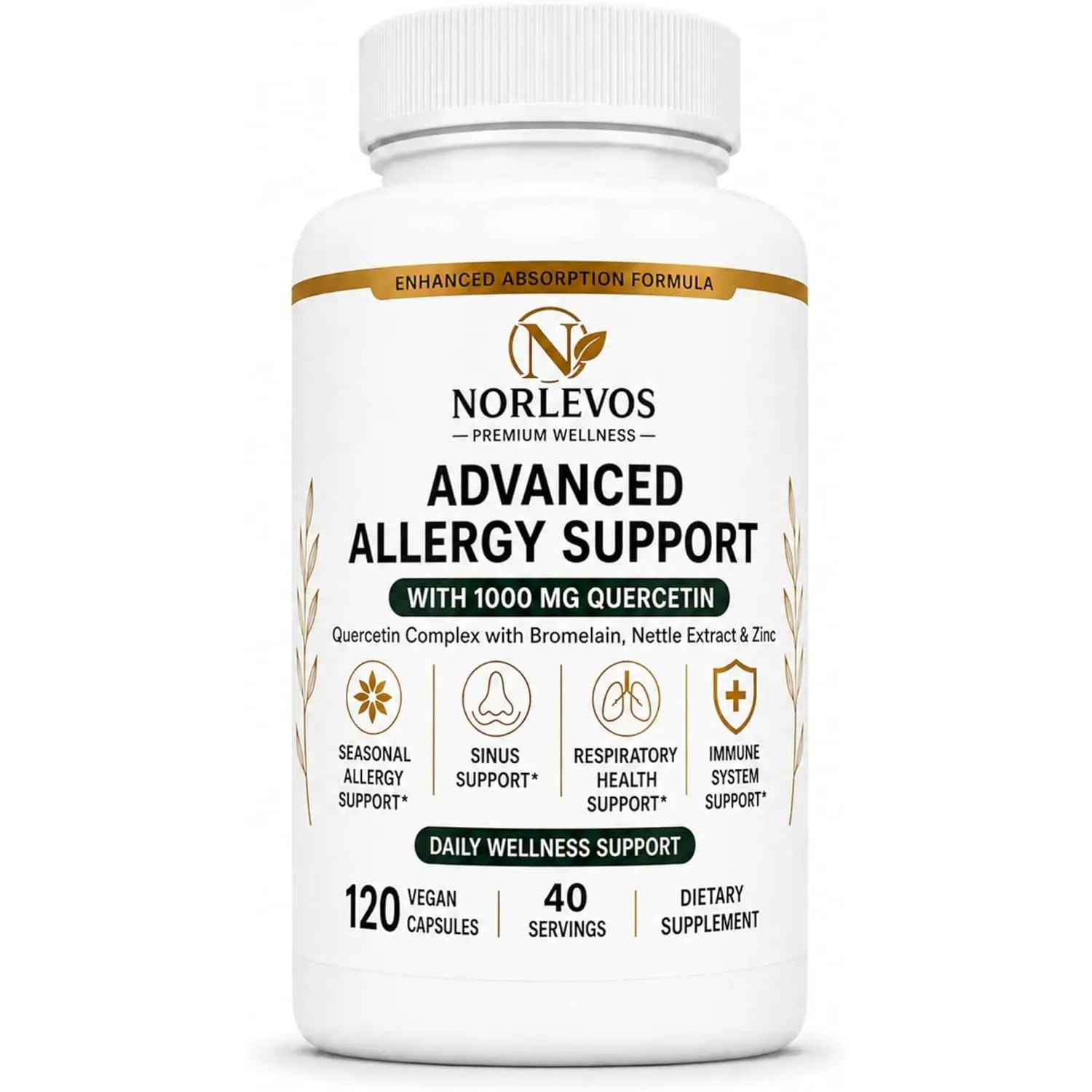 Advanced Allergy Support –Quercetin Complex–1000 mg Quercitin with Bromelain, Stinging Nettle, Vitamin C & Zinc – Sinus, Immune & Respiratory Supplement–Non-GMO,Natural Antioxidant-120 Vegan Capsules