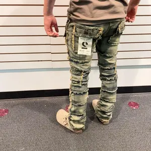 Men's Stacked Flare Jeans with Distressed Design and design all over around jeans.