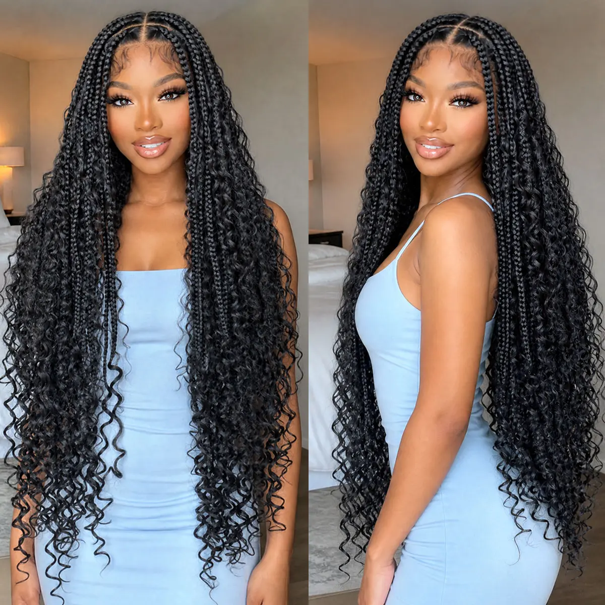 Boho Braided Wig 36Inch Full Lace Premium Synthetic Knotless Box Braid Wig with Baby Hair Bohemian Curly Ends