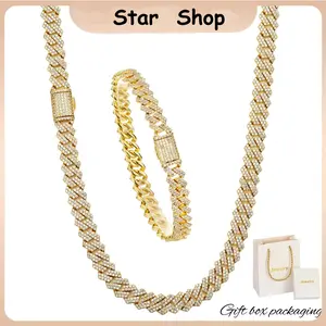 2Pcs Set14K Vacuum-gold Plated 8mm Ice Out Miami Cuban Link Chain Hip Hop Necklace and Bracelet with 5A+ Canada Zircon CZ Jewelry Fashionable Accessory Valentines Gifts for GF Men Women unisex Monaco Mexico & Micro chains For Boyfriend Birthday Gift