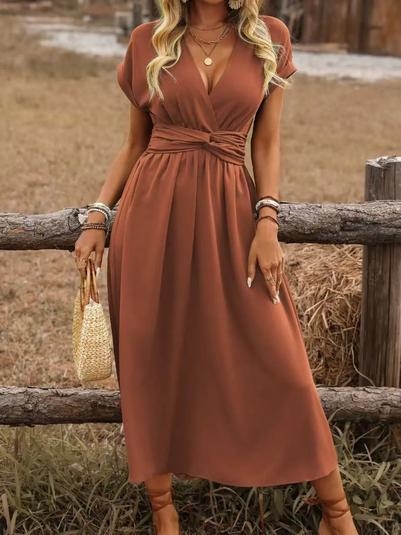 Elegant Summer Casual Wear Dress for Women, Solid Color V-Neck Batwing Sleeve, Waist Ruched Long Dress, Chic and Comfortable Fashion Style Womenswear Beach Dress