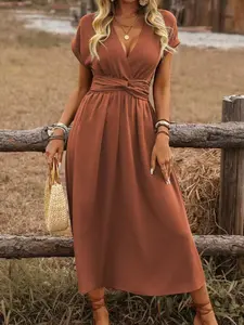 Elegant Summer Dress for Women, Solid Color V-Neck Batwing Sleeve, Waist Ruched Long Dress, Chic and Comfortable Fashion