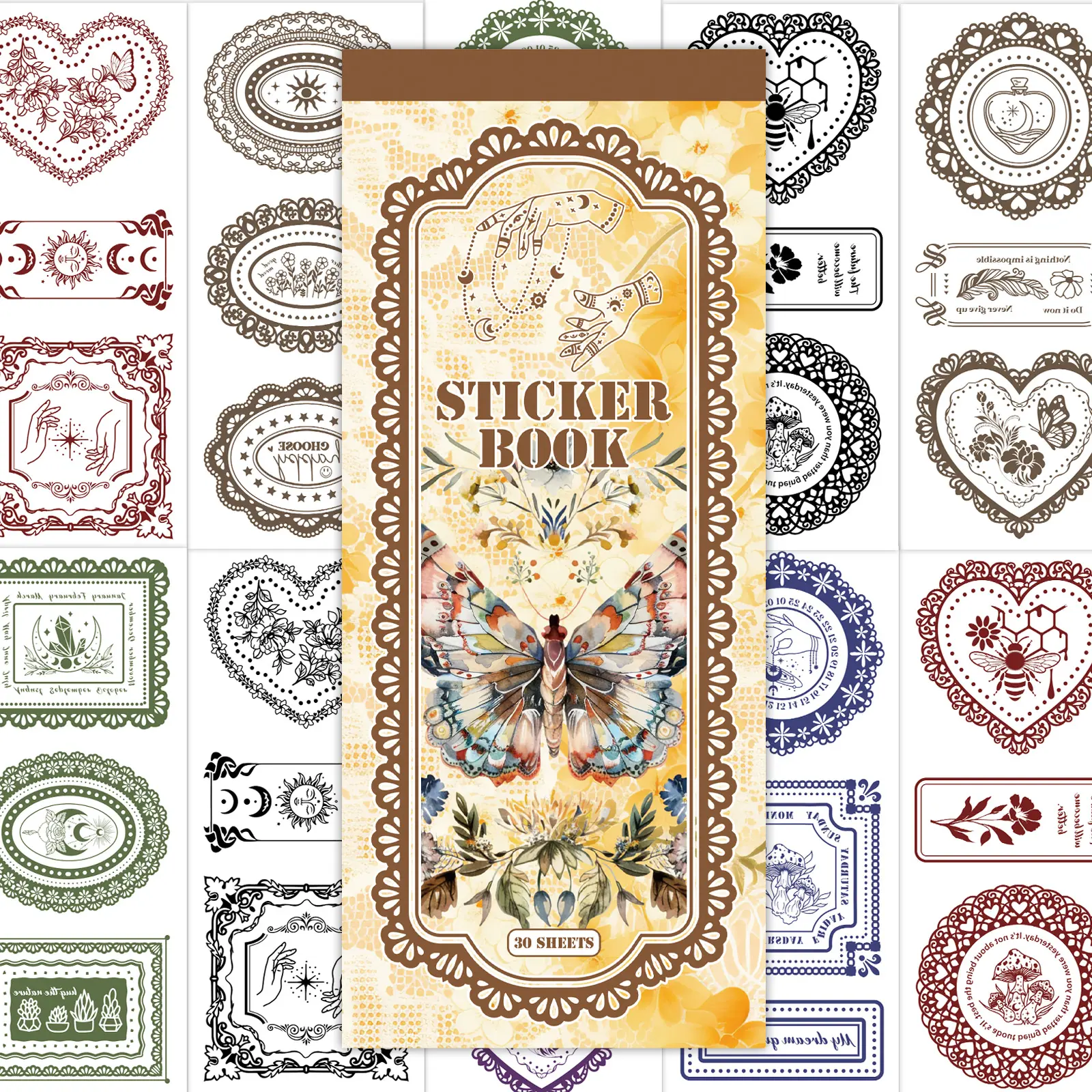 French Lace Sticker Book and French Astrology Sticker Book 2 in 1 Side Flip 40 Sheets 140x210mm for Journaling