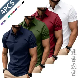 Men’s 4-Piece Polo Set – Men’s casual polo shirt, solid color button-up basic, versatile, men’s bowling/golf clothing, suitable for everyday wear, summer business style