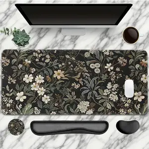Beautiful Wildflower Pattern Mouse Pad with Wrist Rest Set 4PC Black Large Gaming Mouse Pads Retro Style Mouse Pad For Desk XXL Non-Slip Rubber Base Desk Pad Keyboard Mat For Office Home Desktop Protector Decor Mousepad Desk Mat Mousepads Desk Accessories