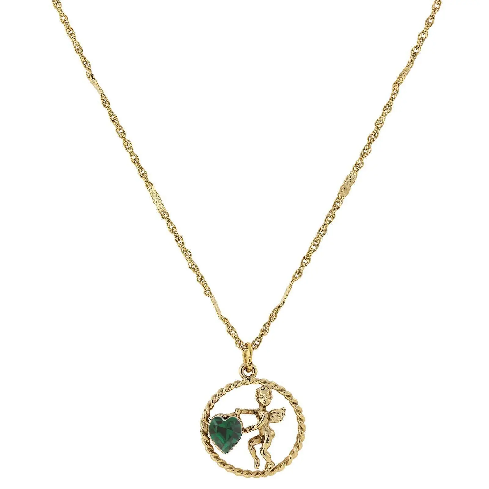 Winged Cherub Angel Crystal Heart Pendant Necklace 16" + 3" Extender