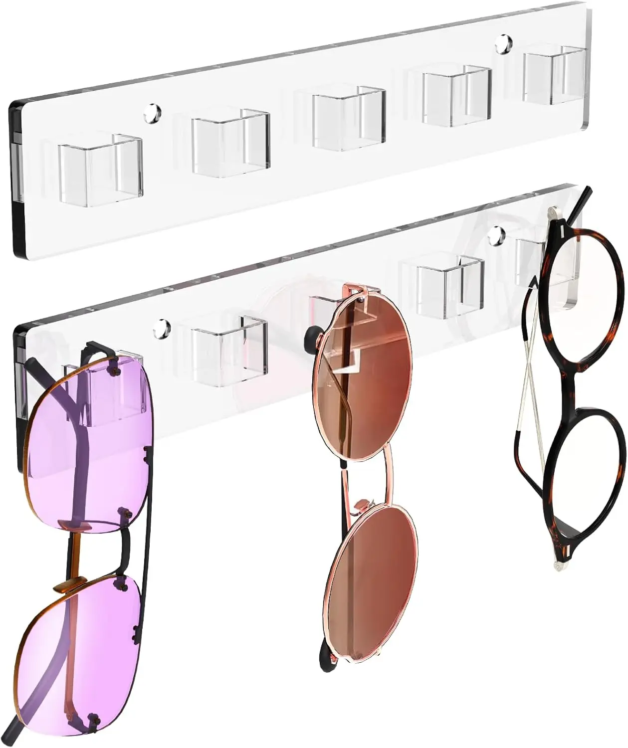 2-Pack Acrylic Wall-Mounted Sunglass Organizer, 10x1.97in Adjustable Fade-Proof Storage Rack, Easy-Install Home Organizer for Eyeglasses & Decor Use, Two Packs