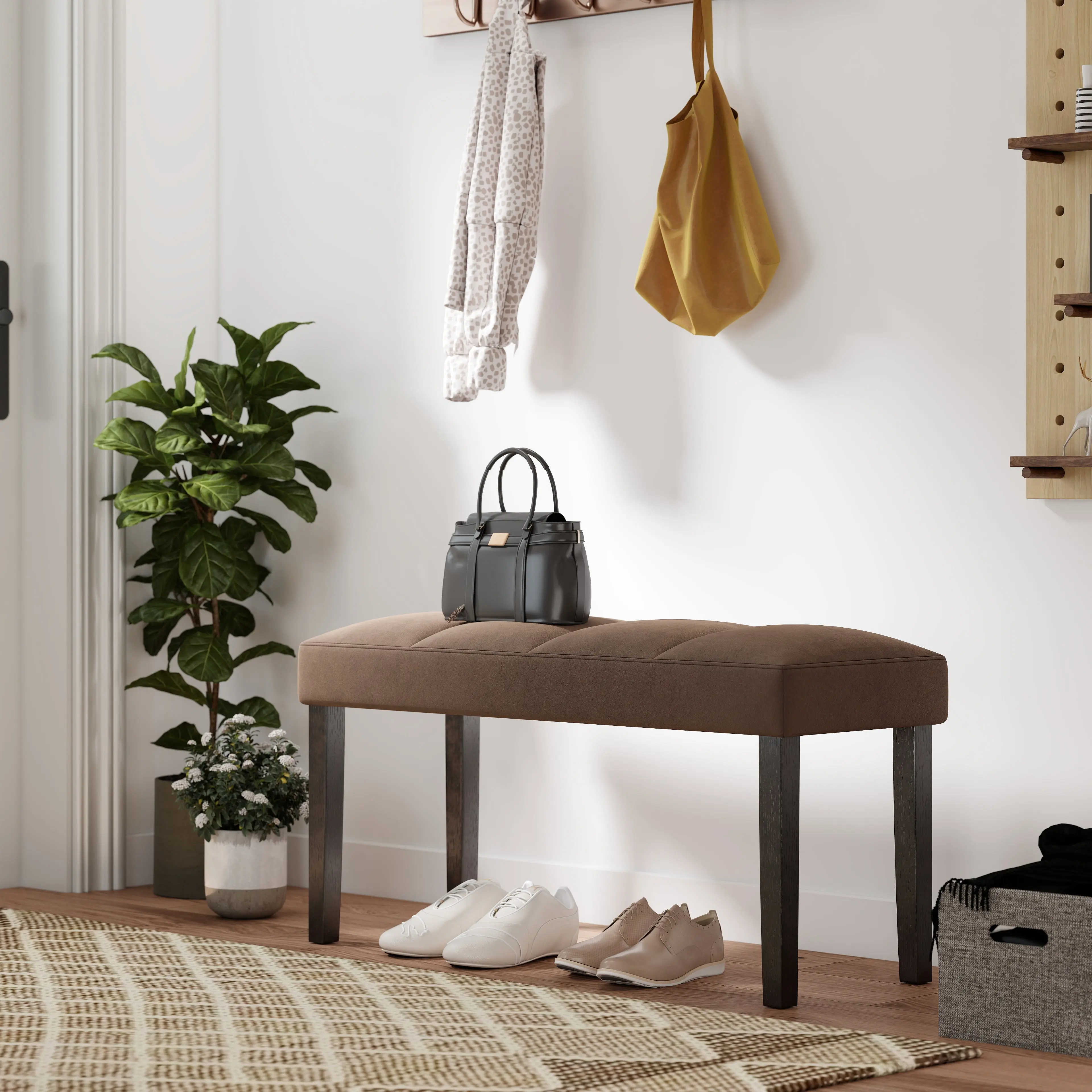 Roundhill Furniture Strata Velvet Upholstered Dining Bench, Chocolate