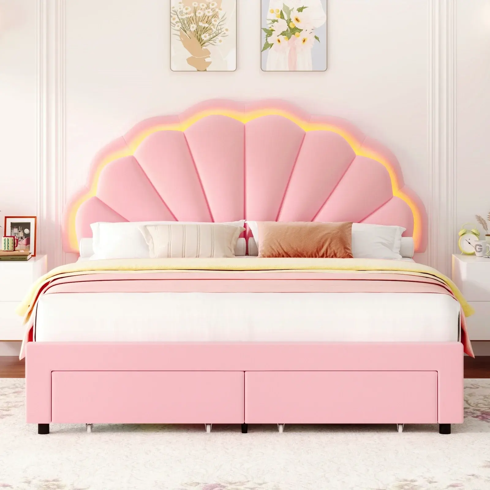 Pink Velvet Platform Bed Frame with LED Lights & Storage Drawers | Scalloped Seashell Channel-Tufted Adjustable Headboard | Queen, Full & Twin Size Upholstered Bed for Girls, Teens & Modern Bedrooms Homfa