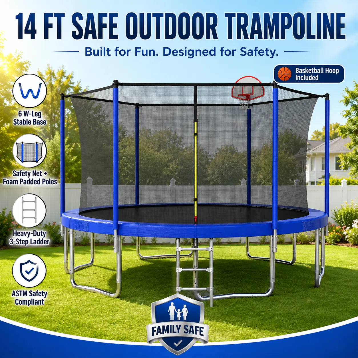 Elon 14FT Trampoline Kids Outdoor Backyard Trampoline with Safety Enclosure Net Large Recreational Trampoline for Children Teens Adults Heavy Duty Frame Garden Yard Jumping Fitness Play Equipment Family Fun