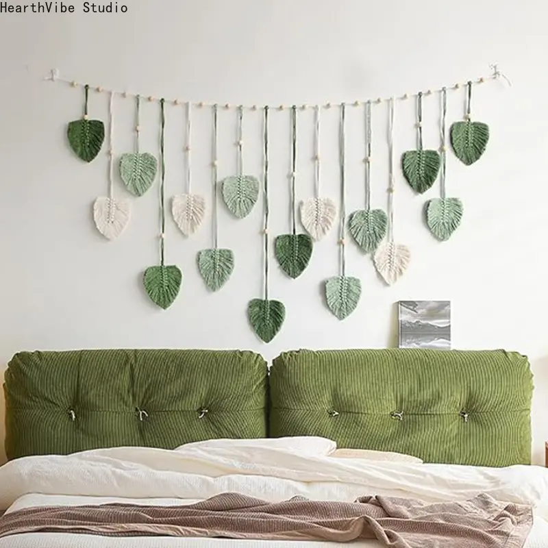 Bohemian Leaf Wall Hanging, Hand-Woven Cotton Rope Tapestry with Photo Display Clips, Hangable Decoration for Kids Room, Decorative Wall Art, Home Hanging Decoration, Interior Decoration Accessories