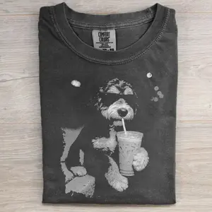 Bernedoodle Drinking Iced Coffee T-shirt, Vintage 90s Dog Meme Graphic Tee, Animal Lover Shirt, Unisex Casual Streetwear, Gift for Men and Women