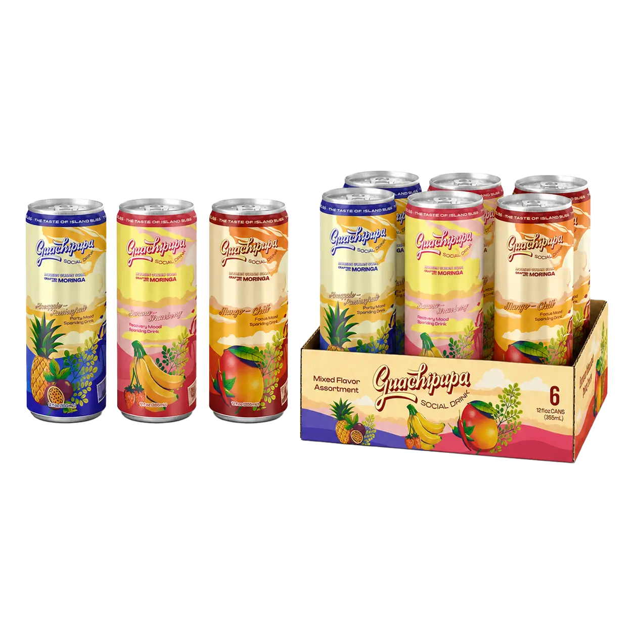 Guachipupa Mood Trio 6-Pack Functional Soda Cans, Low Calorie Low Sugar Beverage, Moringa Blend Sports & Energy Drink, Energy Drinks, Focus Energy Drinks