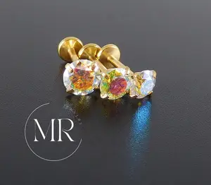 AB Moissanite Gold PVD Stud Earring: Threadless Cartilage, Tragus, Nose Ring