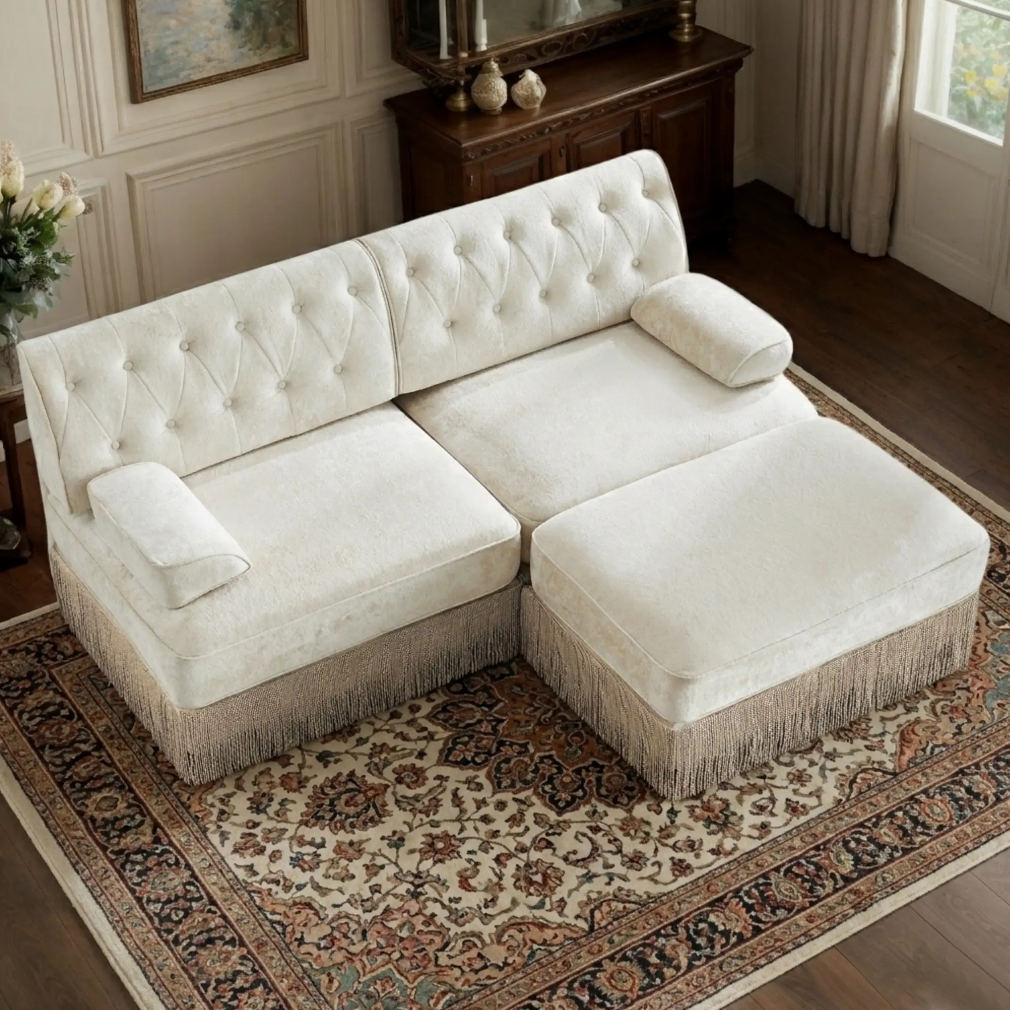 Eyisean 76.6" Classic L-U Shape Sturdy Velvet Upholstered Modular Sectional Loveseat Sofa with Ottoman, Adjustable Armrests, Durable Foam, Button Tufted Chesterfield Deep Seat, Tassel Fringe Skirt, 2-Seater for Living Room (Assembly Required)