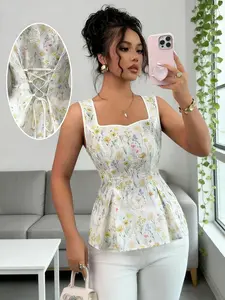 Women's Fitted Sleeveless Blouse Shirt, Adjustable Back Straps, Eyelet Embroidery, Retro Style, Short Length, Floral All over Print, Casual Wear