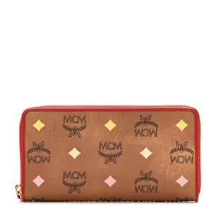 Pre-owned MCM Visetos Coated Canvas Small Leather Goods Skyoptic Visetos Zip Around Wallet Cognac Red