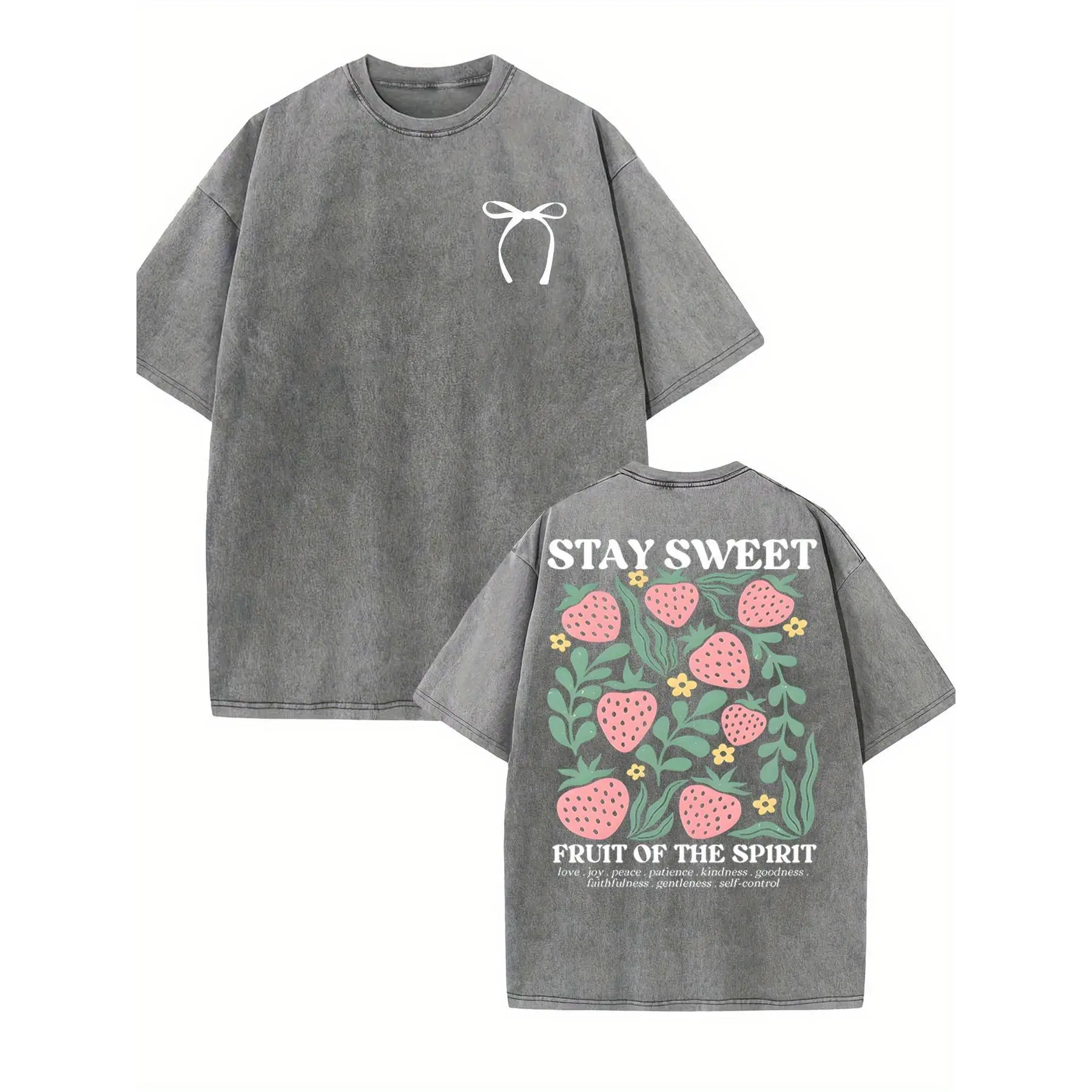 Leave A Sweet Spirit Fruit Letter Pattern Printed High-Quality Washed T-Shirt, Fashionable And Versatile, T-Shirt With Round Neck, Men'S Outdoor Clothing.