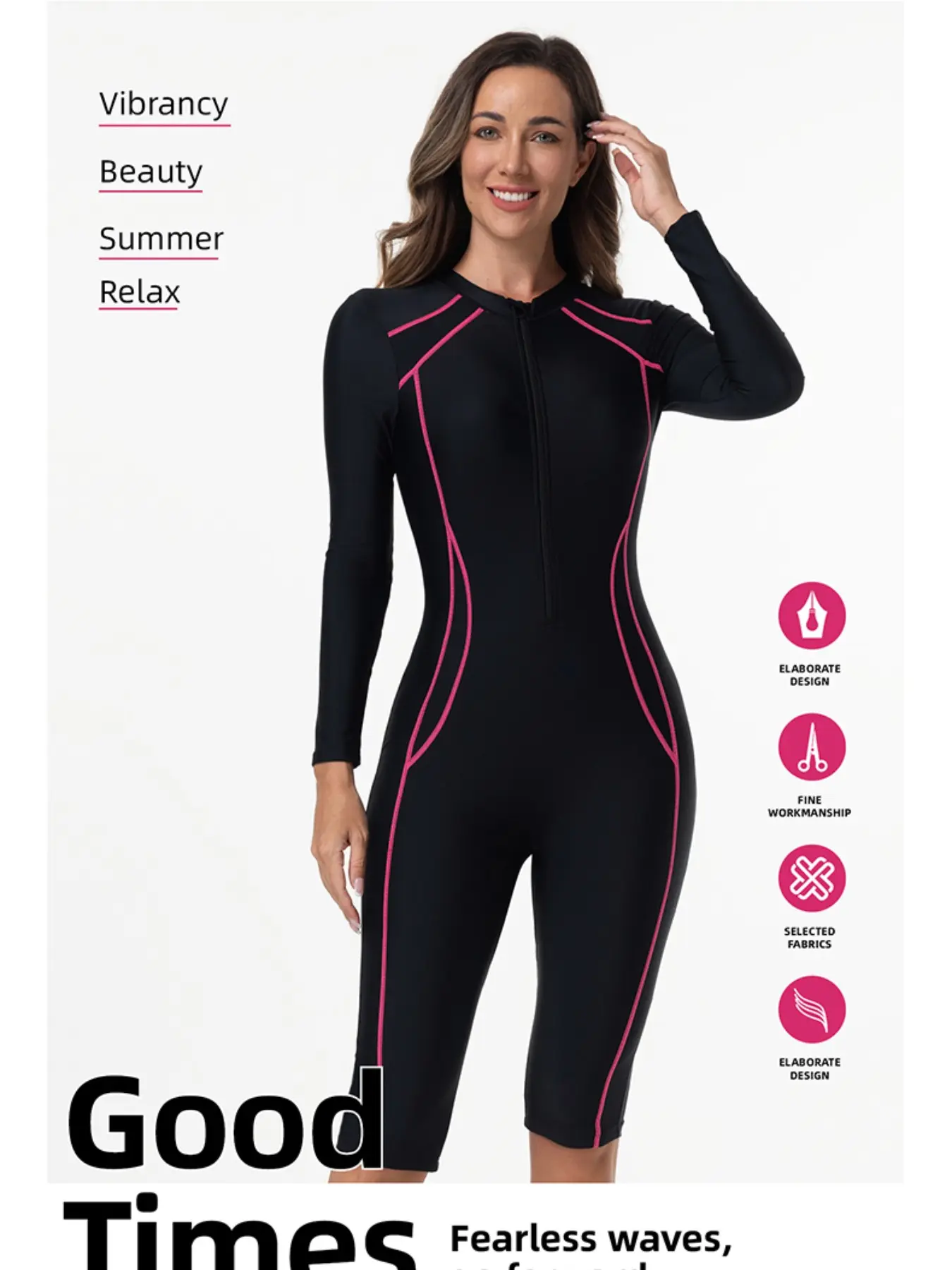 Women's Long Sleeve One-Piece Swimsuit, Front Zip Design, Slimming, Quick-Dry, Ideal for Swimming, Surfing, Snorkeling