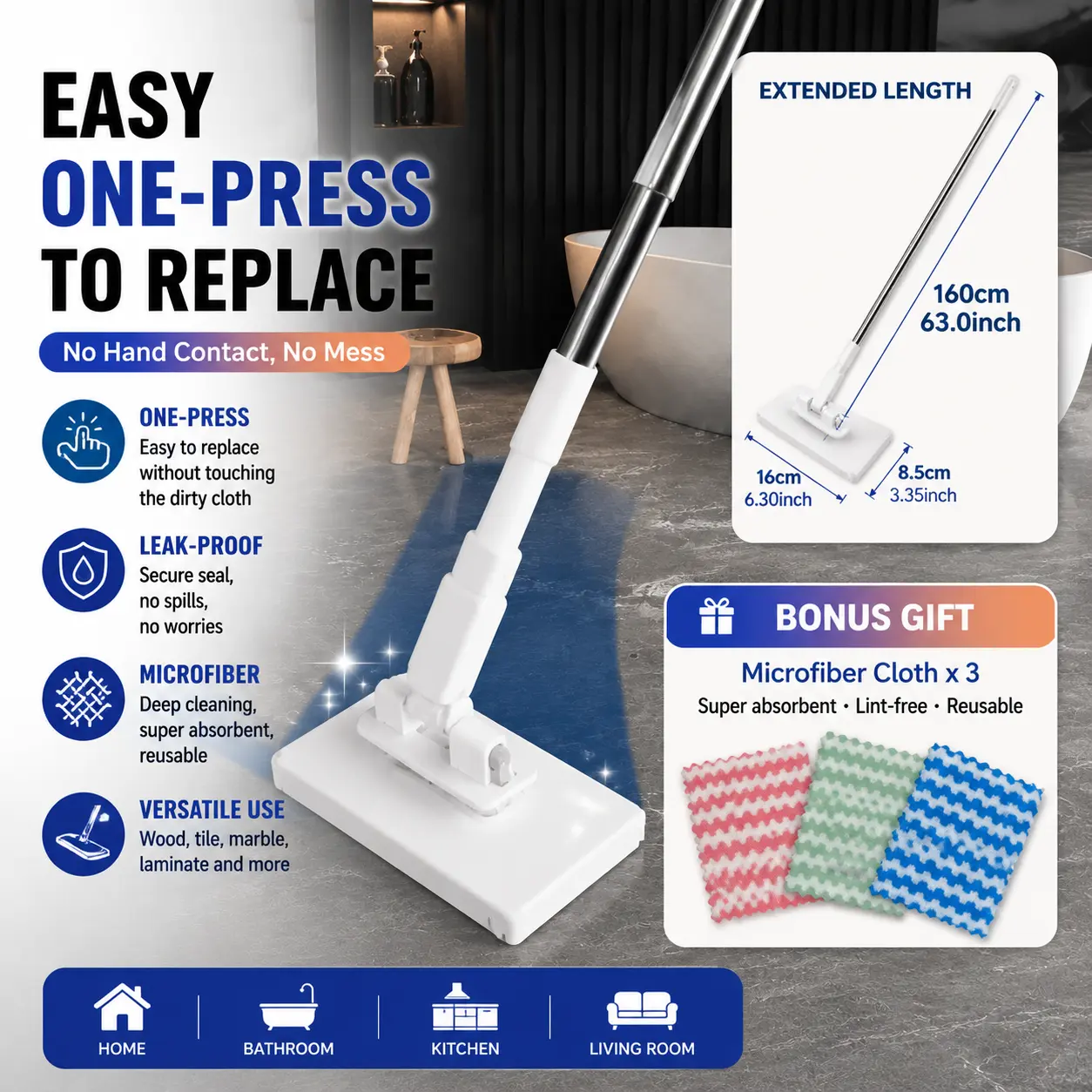 Multifunctional Household Cleaning Mop – Reusable Clip-Style Mop for Wet Mopping; Ideal for Kitchens, Bathrooms, Windows, and Floors; Suitable for Cleaning Boats, Kitchens, Floors, and Walls.