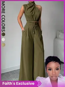 【Faith's Exclusive】Women's Solid Color Flowy Crop Tank Top & Wide Leg Pants Two-piece Set, Elegant Fashion Casual Top & Trousers for Daily Outdoor Wear, Women's Clothing for Summer