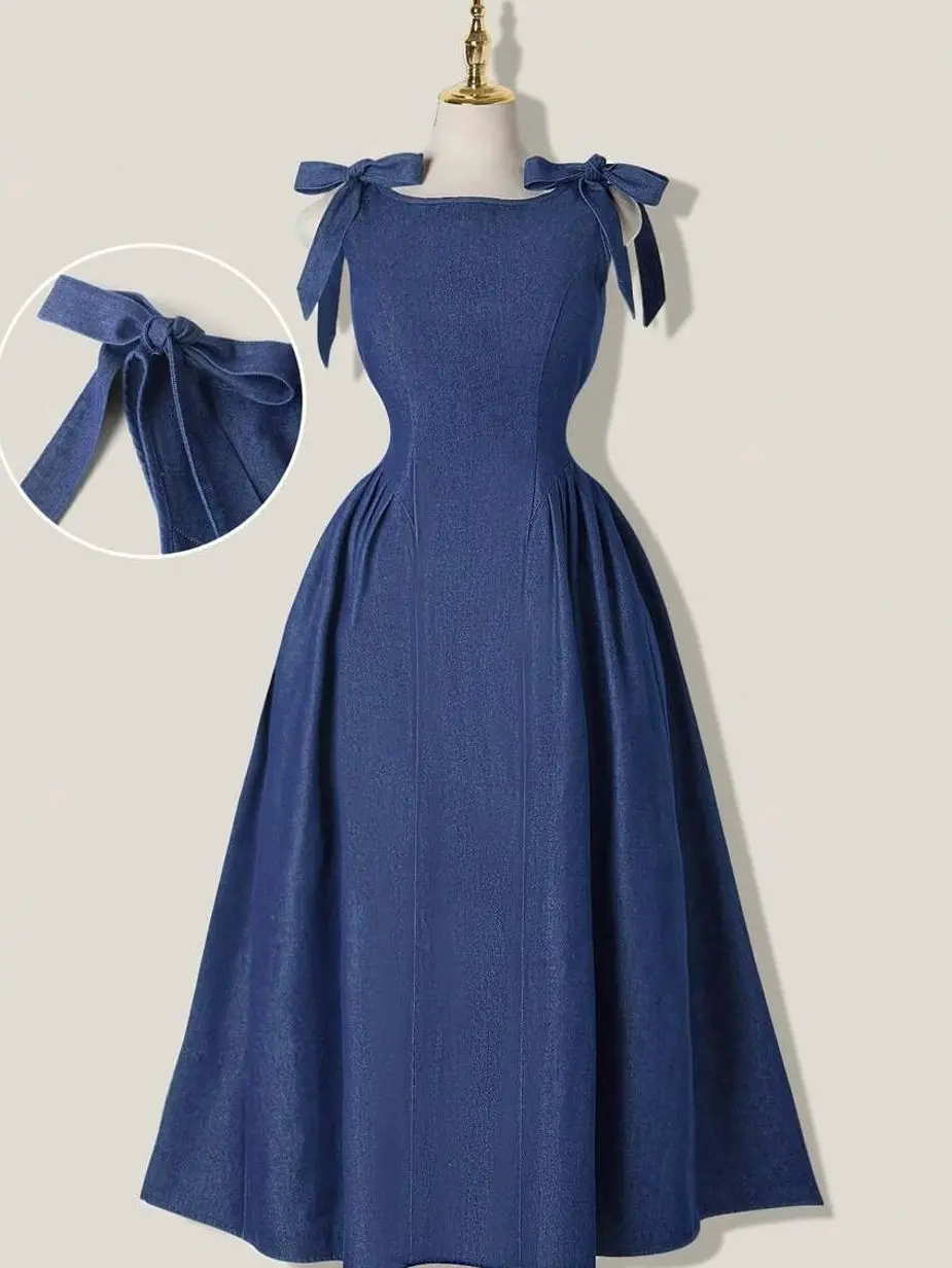 💙 Women's Navy Blue Vintage Midi Dress, Square Neck Bow Strap Dress For Tea Parties And Summer Events.