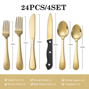 24 Pcs Gold Silverware Set with Steak Knives, Stainless Steel Flatware Cutlery Set Service for 4, Kitchen Tableware Set, Utensil Set for Home