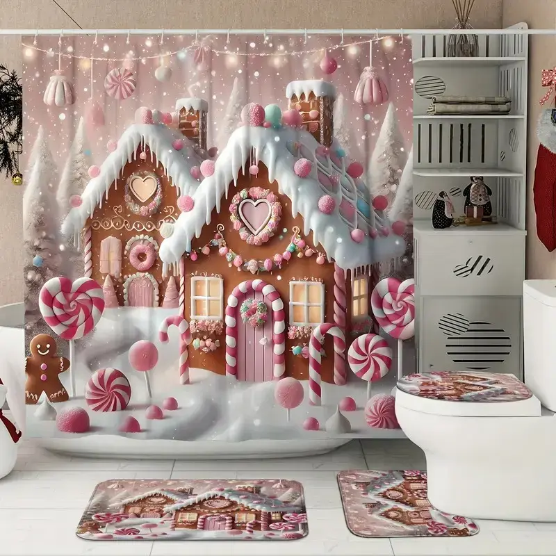 4pcs Christmas Snowman Shower Curtain Set, Modern Home Decor, Housewarming Gift, Includes 12 Shower Curtain Hooks, Bathroom Accessories