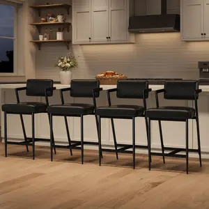Set of 4 Bar Stools with Arms – Upholstered, Thick Cushion & Thickened Metal Legs – Counter Height with Backrest & Footrest for Kitchen Island or Counter Bar
