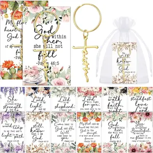 Equsion 24 Set Gold Faith Keychain Gifts Bulk Christian Faith Cross Charm Graduation Gift for Teacher Baptism Favors with Religious Bible Verse Cards for Women Men Church Sunday School