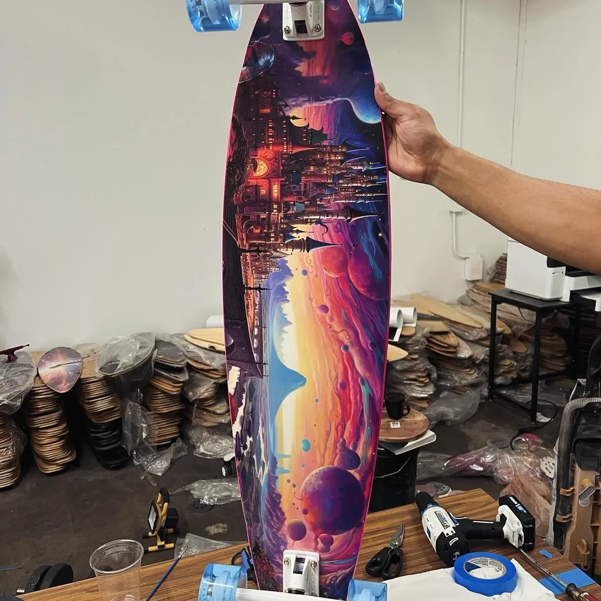 Custom Vinyl Wrapped 10 x 44 inch “Fantasy World” Pintail Longboard