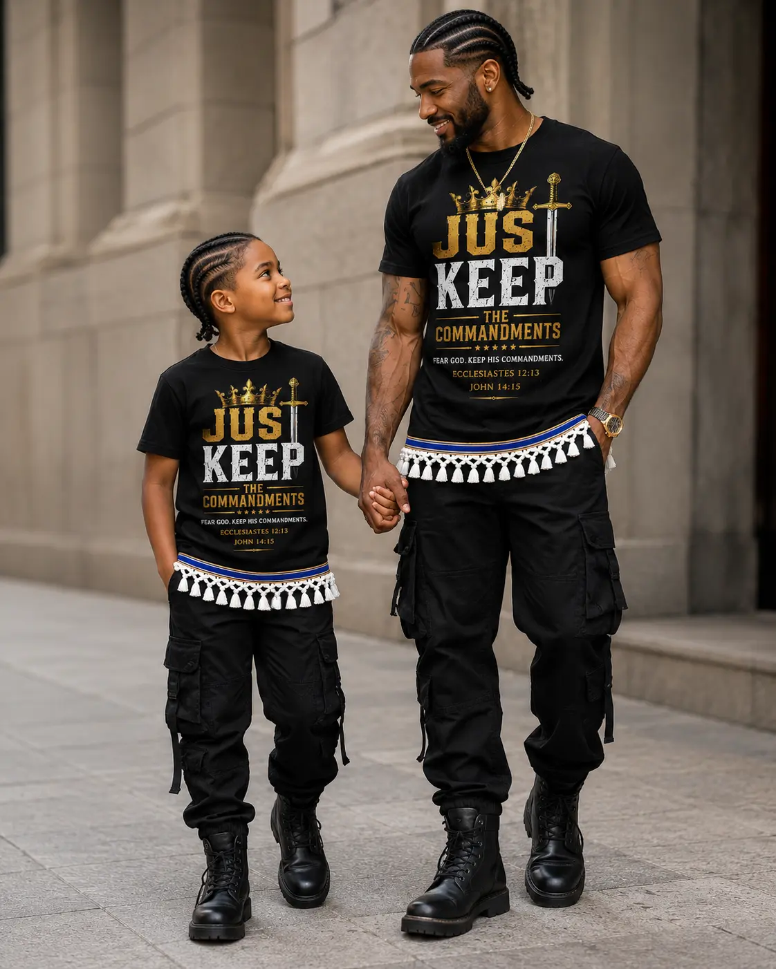 Black Just Keep the Commandments Shirt with Fringes & Ribbon of Blue | John 14:15 | Ecclesiastes 12:13 | Men's Faith-Based T-Shirt | Hebrew Heritage Apparel
